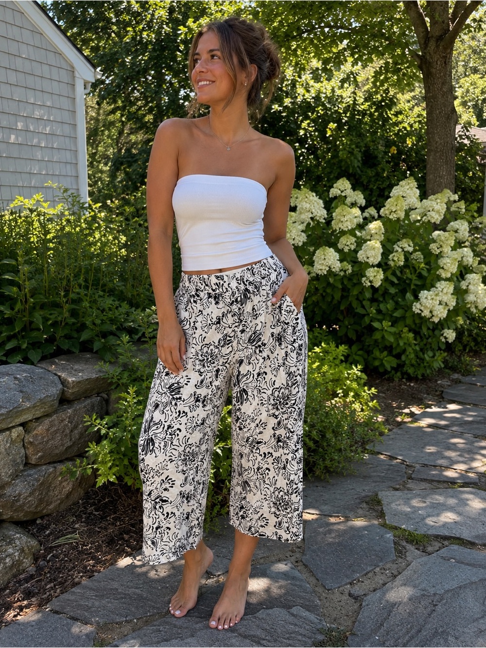 46A. Christian Siriano Black & Cream Floral Wide-Leg Pants